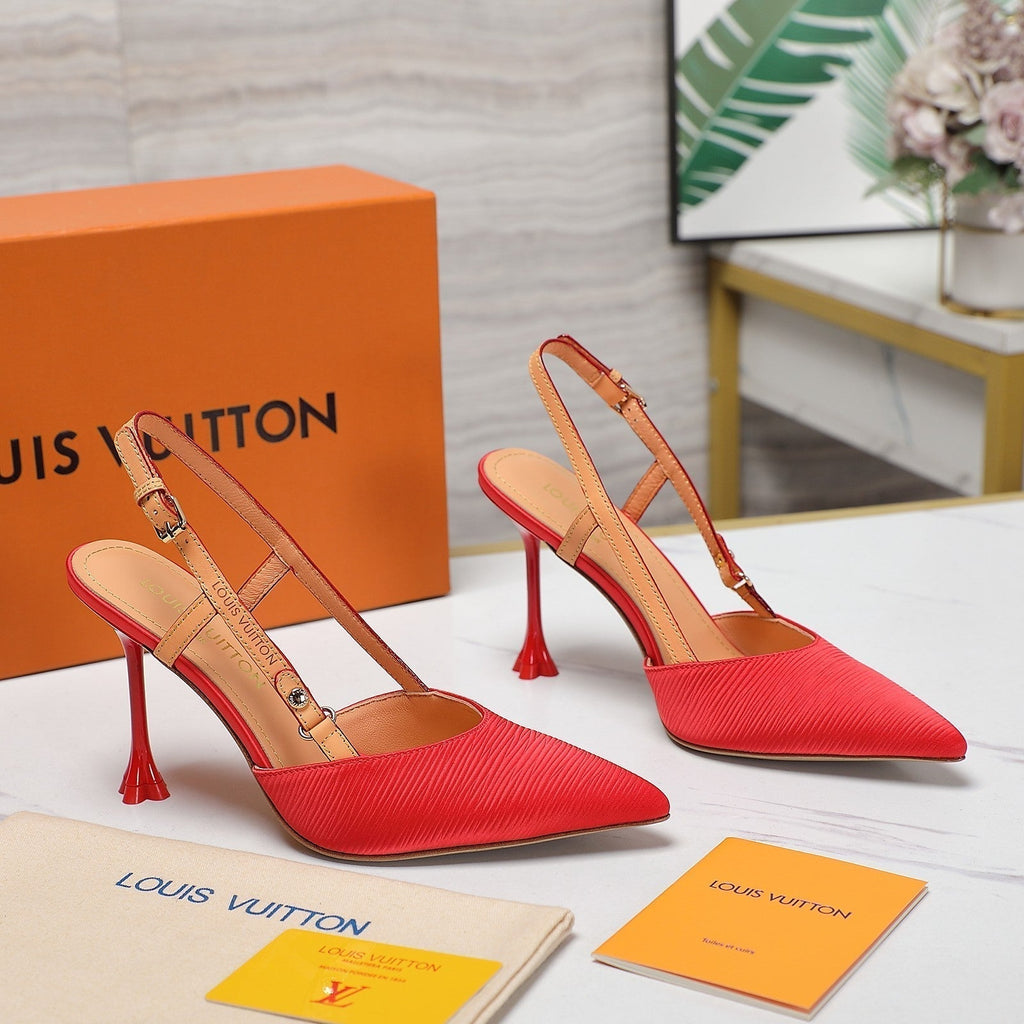 LOUIS VUITTON LV WOMEN BLOSSOM SLINGBACK PUMP IN CHERRY RED EMBROIDERED FABRIC