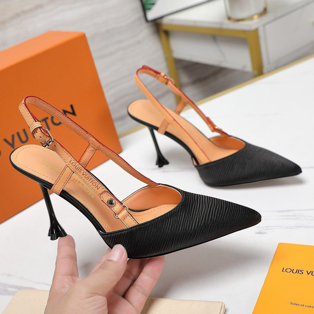 LOUIS VUITTON LV WOMEN BLOSSOM SLINGBACK PUMP IN BLACK EMBROIDERED FABRIC