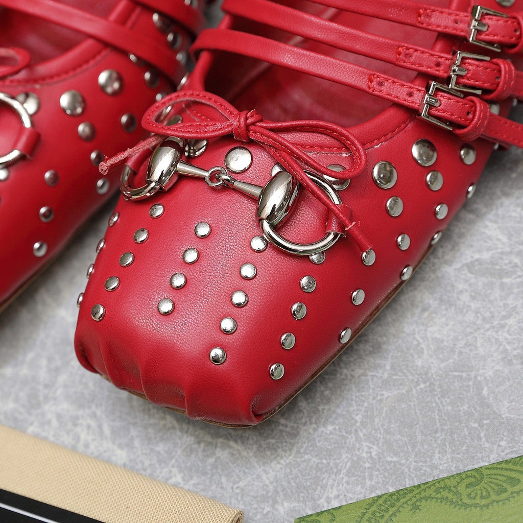 GUCCI HORSEBIT BALLET FLAT RED HORIZONTAL STRAPS LAMBSKIN