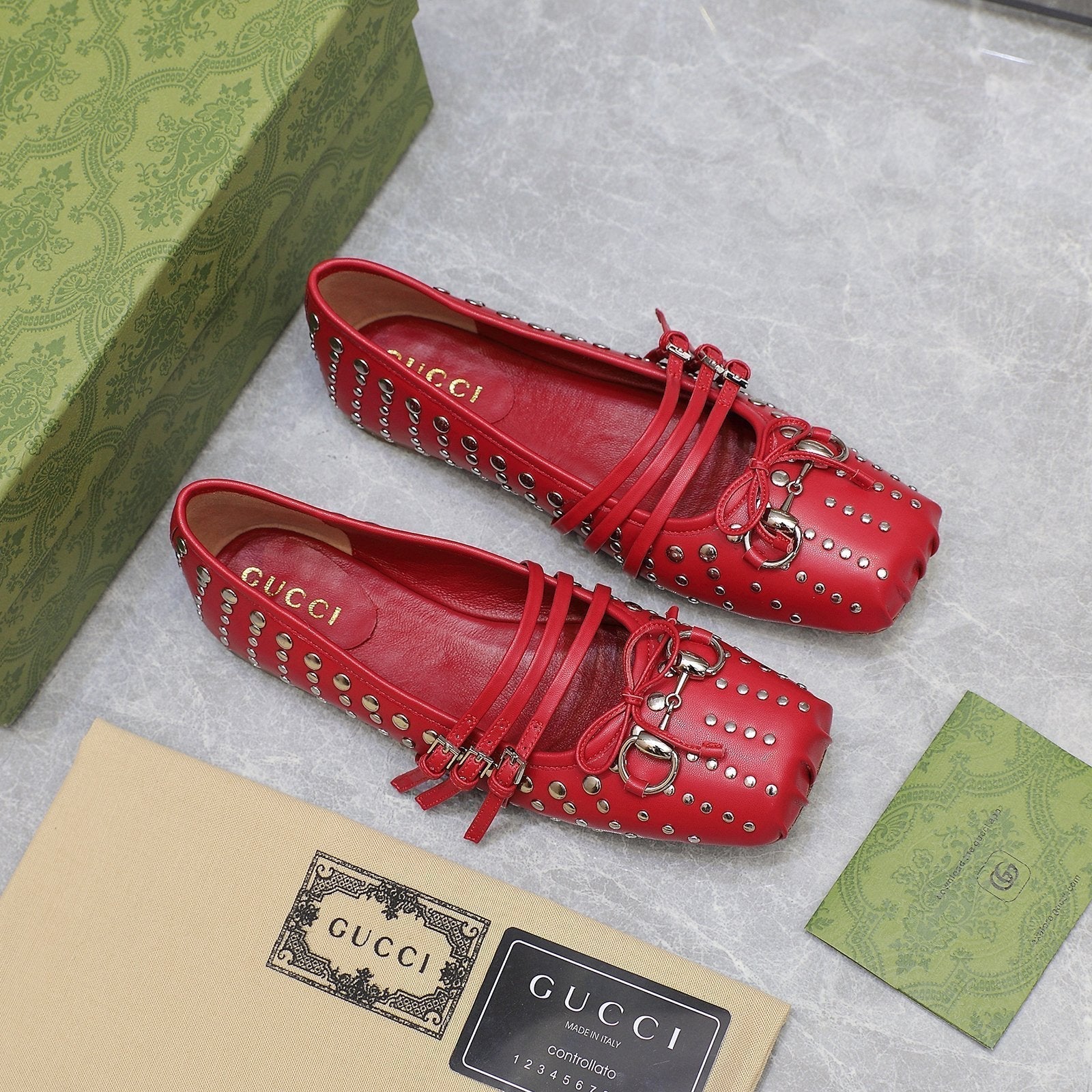 GUCCI HORSEBIT BALLET FLAT RED HORIZONTAL STRAPS LAMBSKIN