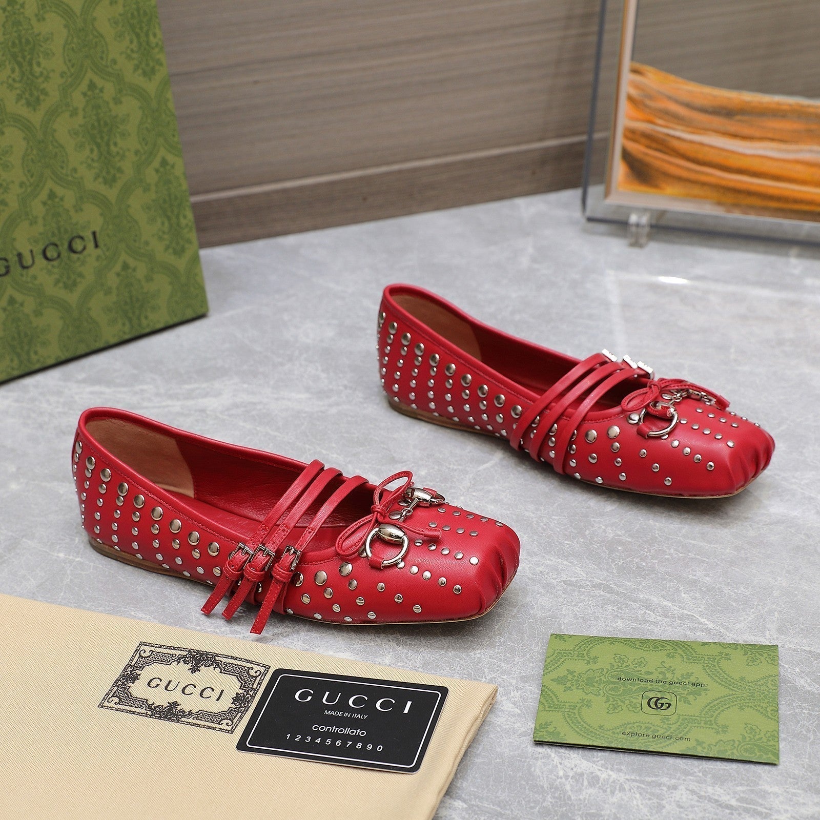 GUCCI HORSEBIT BALLET FLAT RED HORIZONTAL STRAPS LAMBSKIN