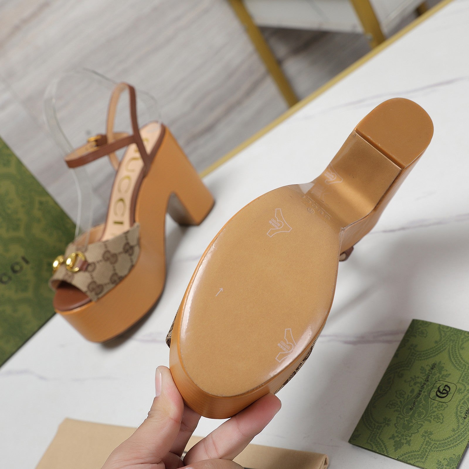 GUCCI HORSEBIT WEDGE SANDAL IN BROWN MONOGRAM JACQUARD FABRIC AND SHEEPSKIN LINING