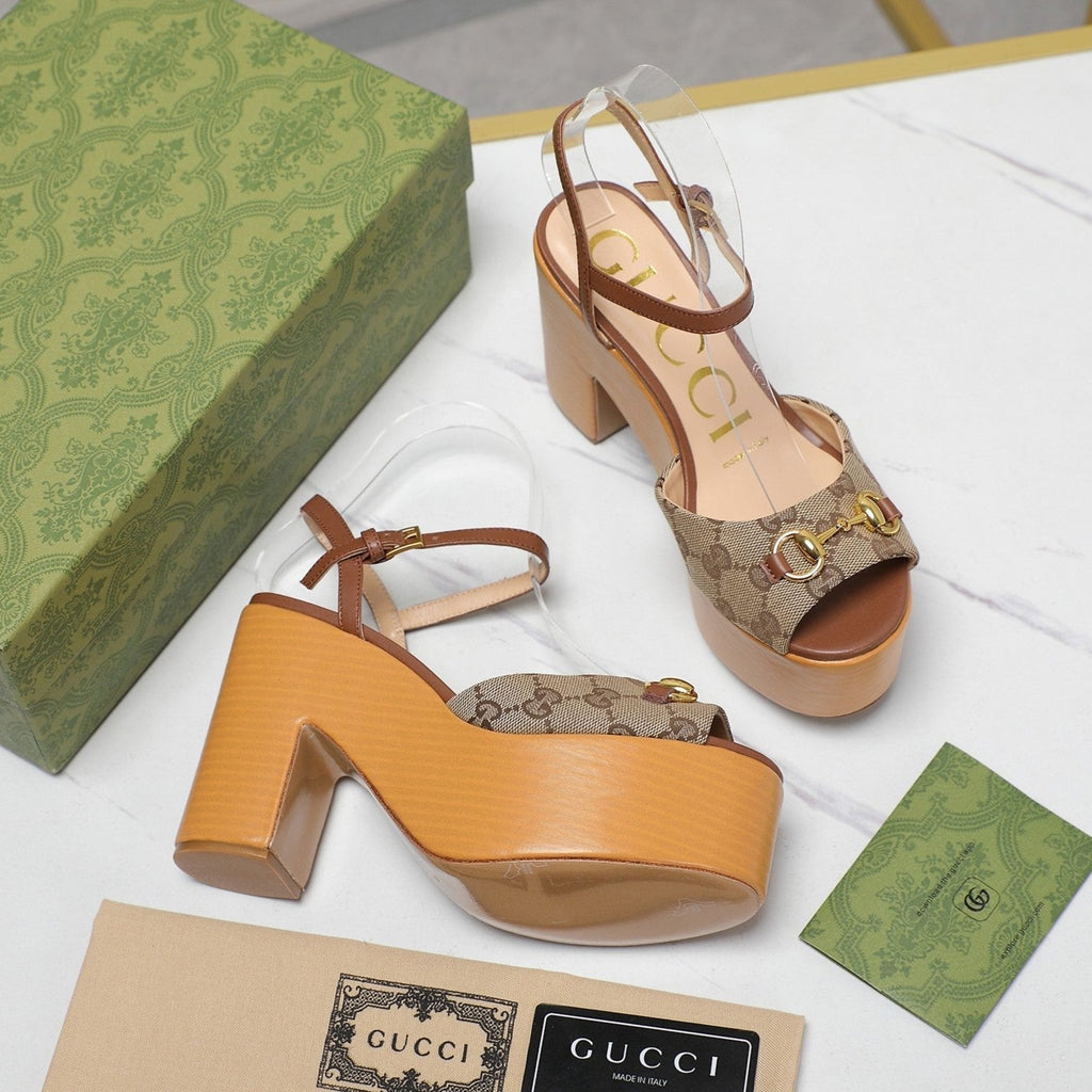 GUCCI HORSEBIT WEDGE SANDAL IN BROWN MONOGRAM JACQUARD FABRIC AND SHEEPSKIN LINING