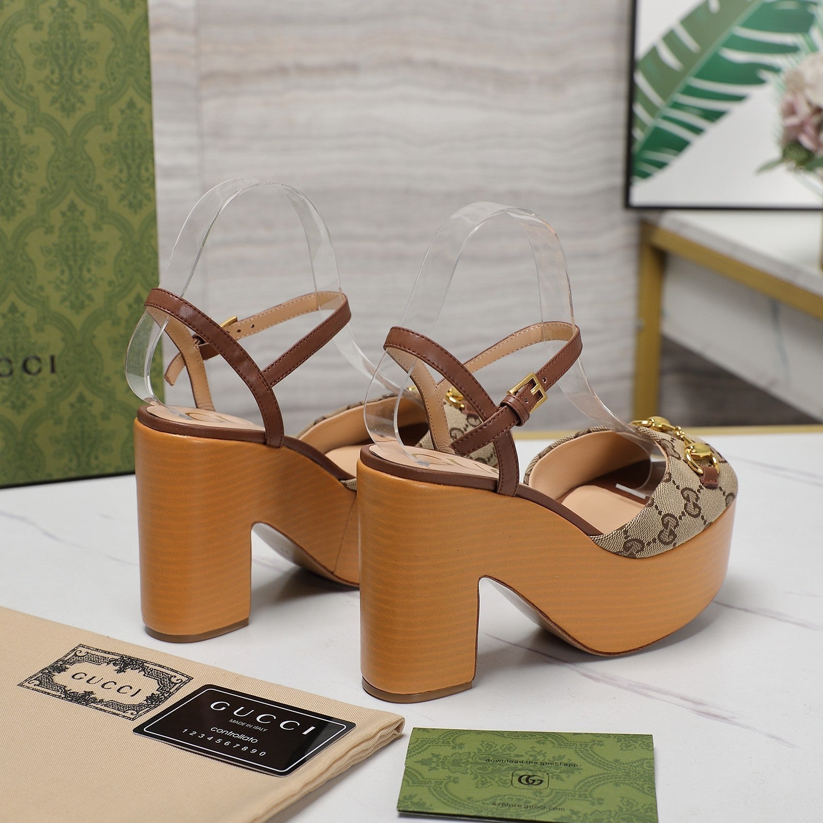 GUCCI HORSEBIT WEDGE SANDAL IN BROWN MONOGRAM JACQUARD FABRIC AND SHEEPSKIN LINING