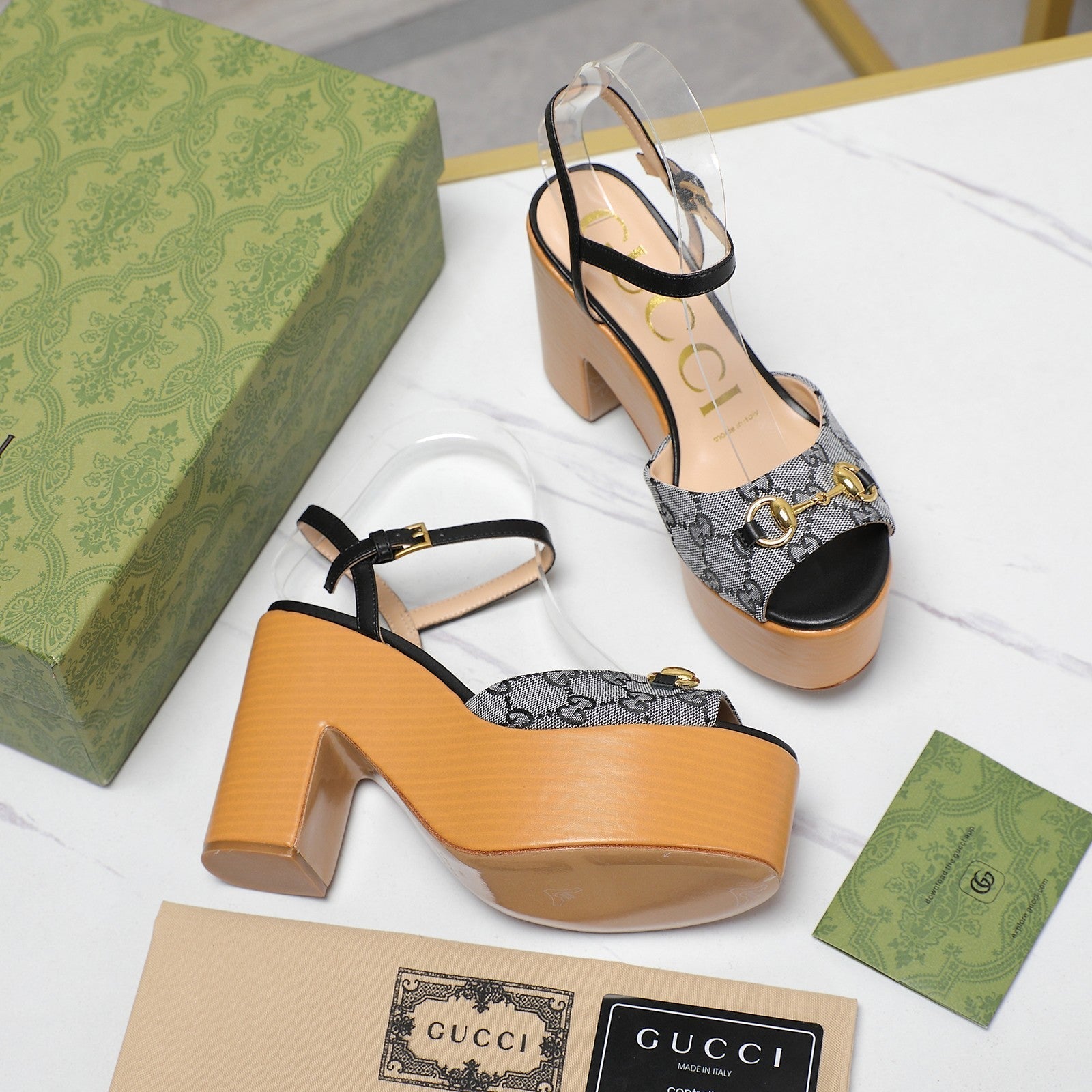 GUCCI HORSEBIT WEDGE SANDAL IN BLACK MONOGRAM JACQUARD FABRIC AND SHEEPSKIN LINING