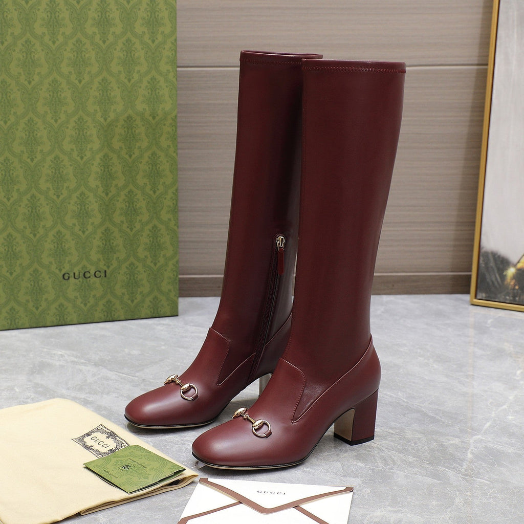 GUCCI HORSEBIT KNEE HIGH BOOTS IN SANGRIA RED SHEEPSKIN
