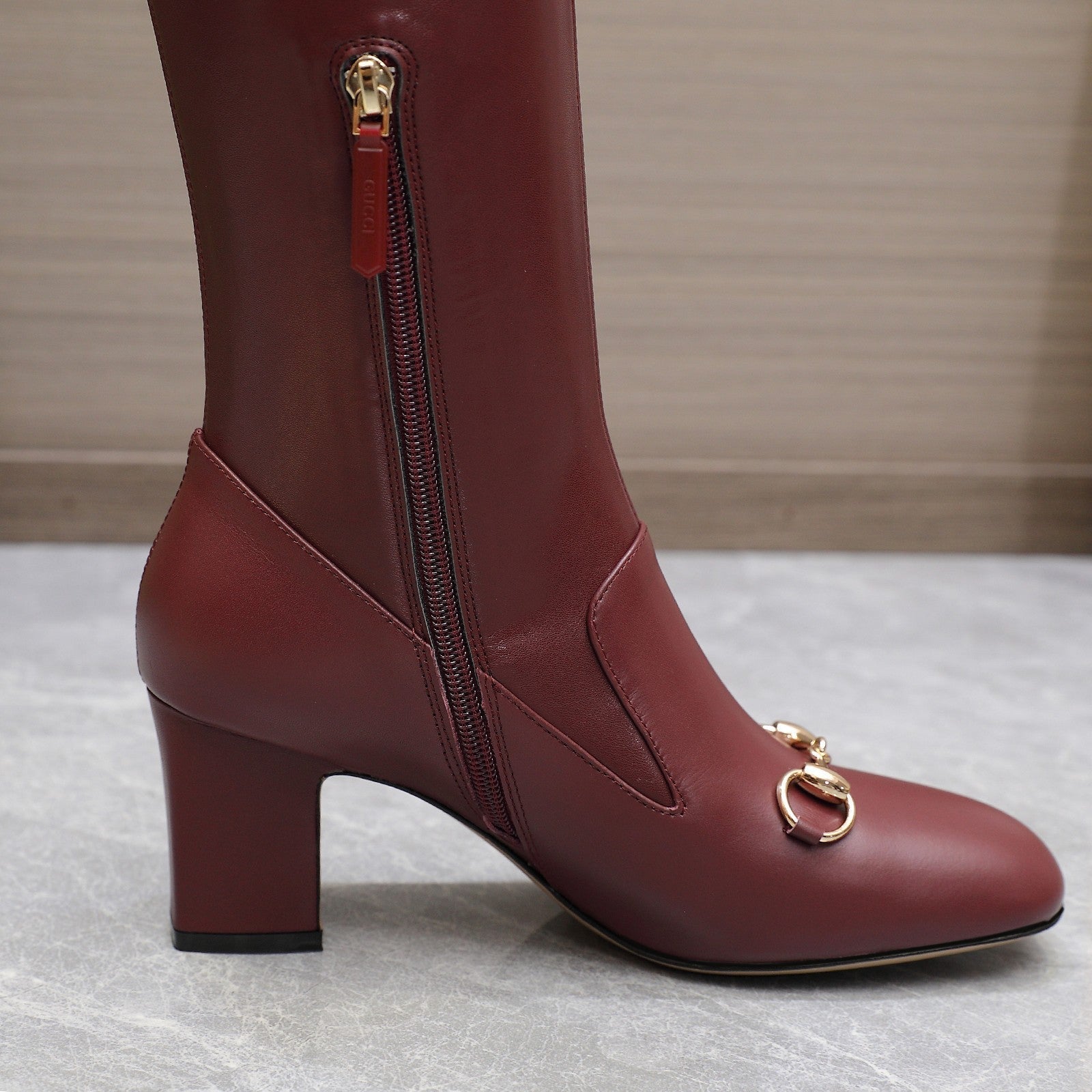 GUCCI HORSEBIT KNEE HIGH BOOTS IN SANGRIA RED SHEEPSKIN