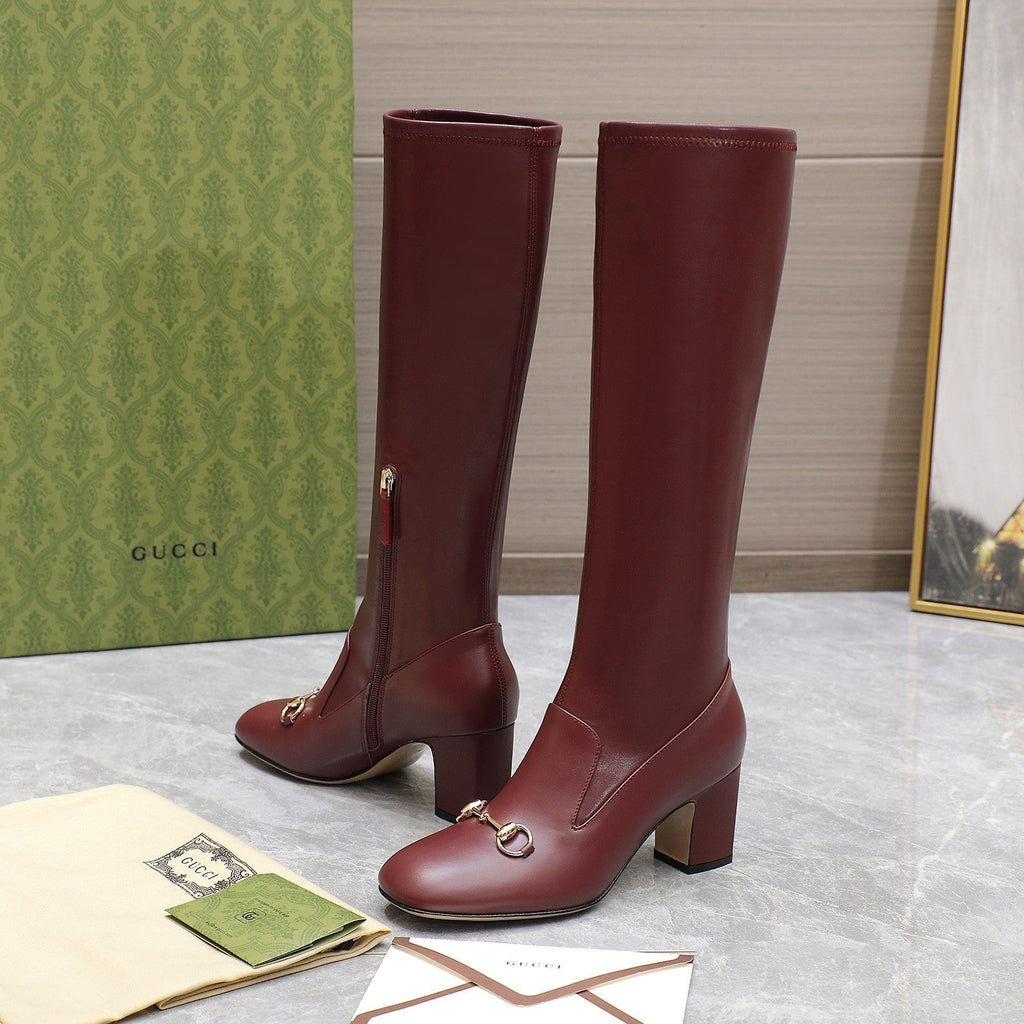GUCCI HORSEBIT KNEE HIGH BOOTS IN SANGRIA RED SHEEPSKIN