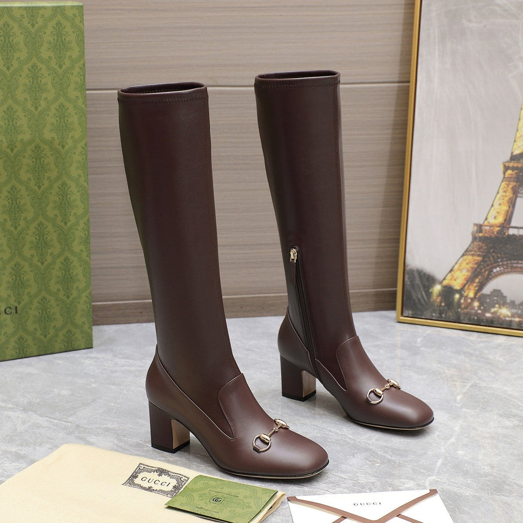 GUCCI HORSEBIT KNEE HIGH BOOTS IN DARK BROWN SHEEPSKIN