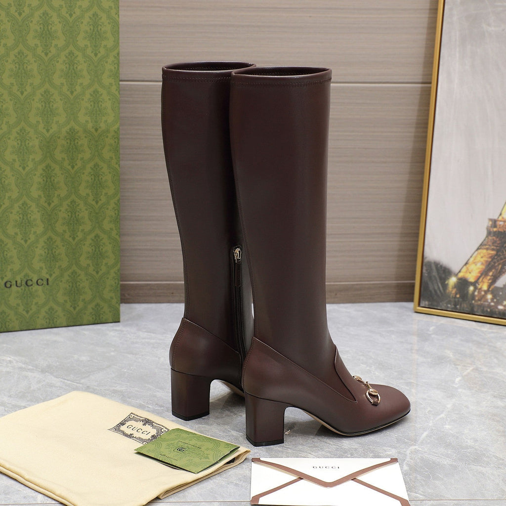GUCCI HORSEBIT KNEE HIGH BOOTS IN DARK BROWN SHEEPSKIN