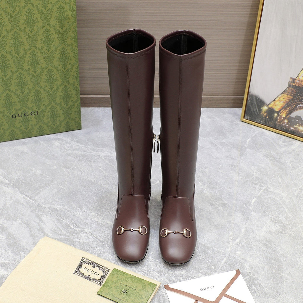 GUCCI HORSEBIT KNEE HIGH BOOTS IN DARK BROWN SHEEPSKIN