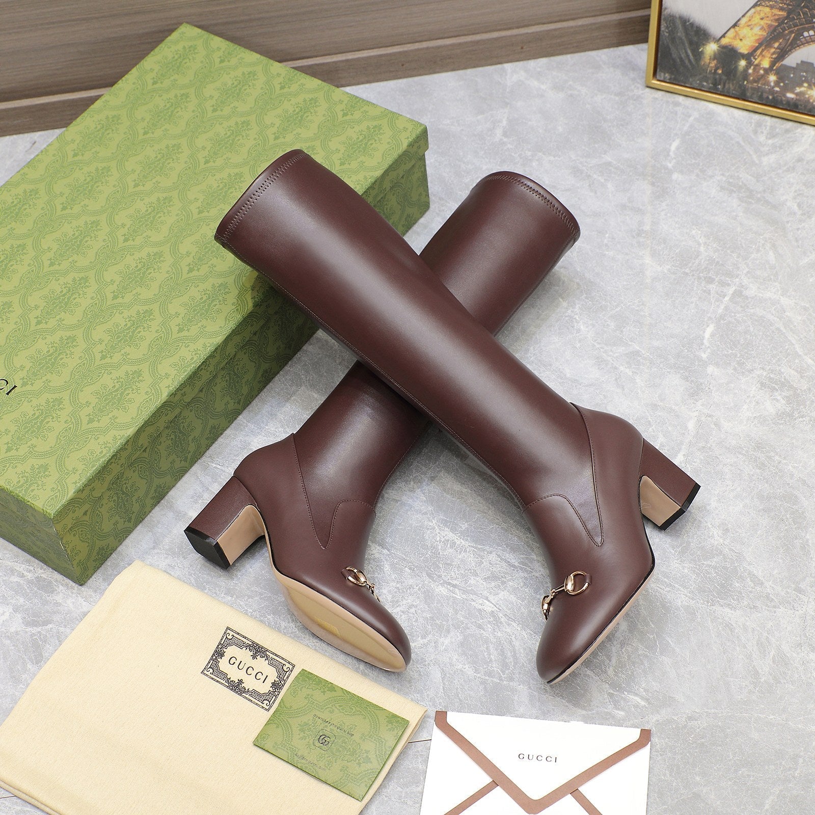 GUCCI HORSEBIT KNEE HIGH BOOTS IN DARK BROWN SHEEPSKIN