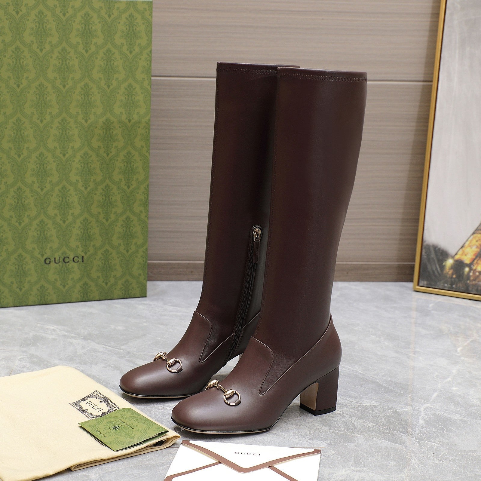 GUCCI HORSEBIT KNEE HIGH BOOTS IN DARK BROWN SHEEPSKIN