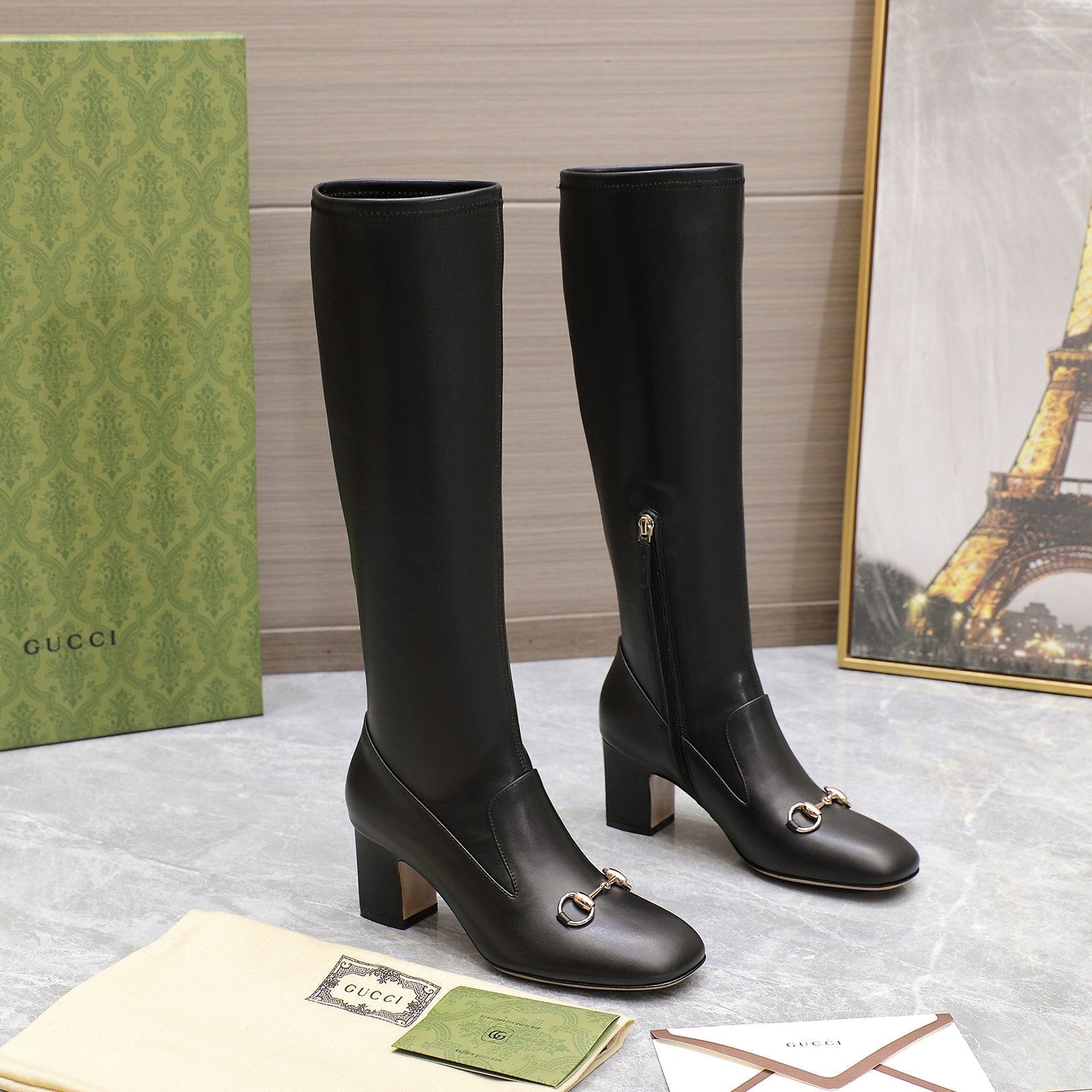 GUCCI HORSEBIT KNEE HIGH BOOTS IN BLACK SHEEPSKIN