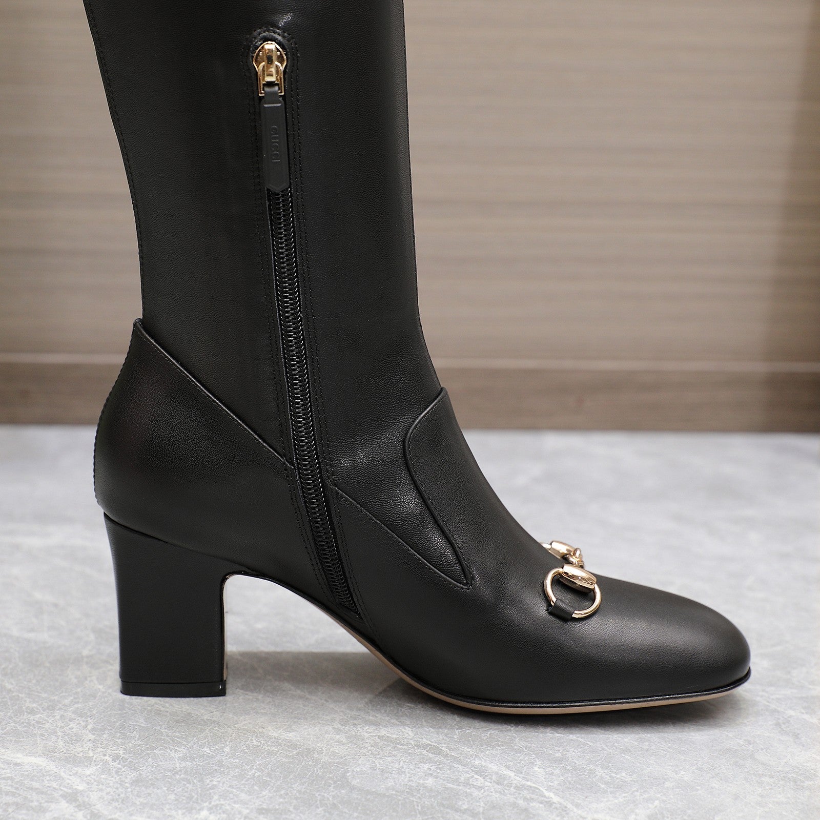 GUCCI HORSEBIT KNEE HIGH BOOTS IN BLACK SHEEPSKIN