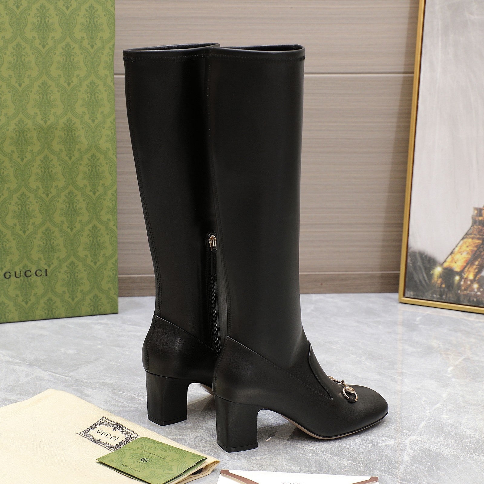 GUCCI HORSEBIT KNEE HIGH BOOTS IN BLACK SHEEPSKIN