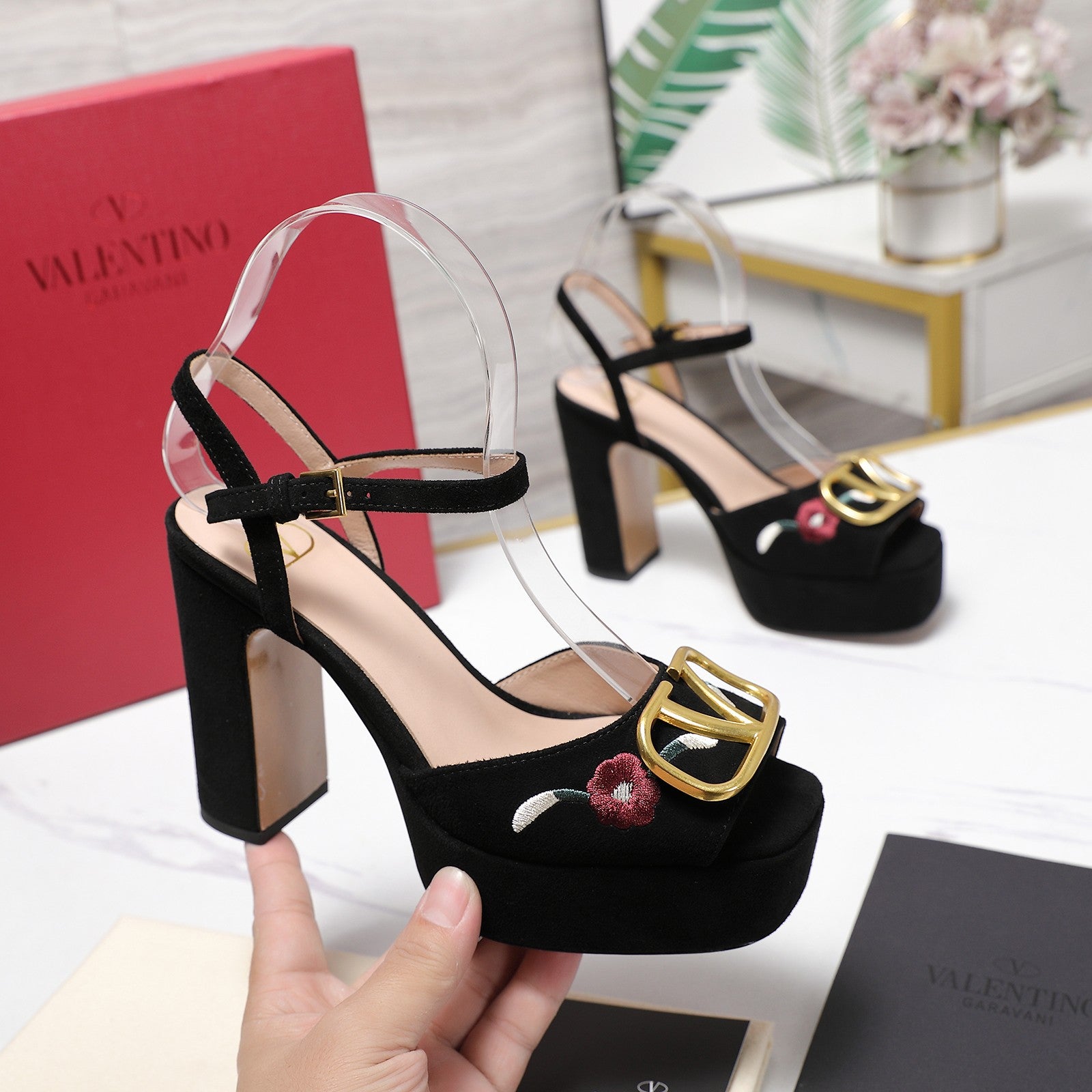 VALENTINO 25S GARAVANI VLOGO SIGNATURE HIGH-HEEL SANDALS 110 MM IN BLACK SUEDE