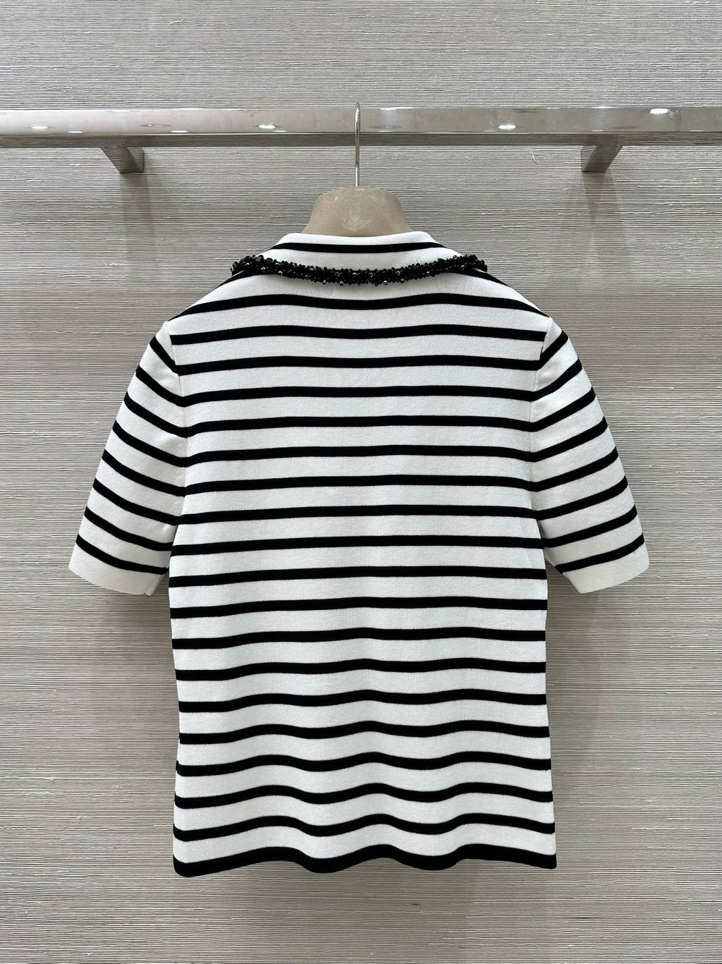 Loewe 25 Striped Knitted Polo Short-sleeved Top White Tencel