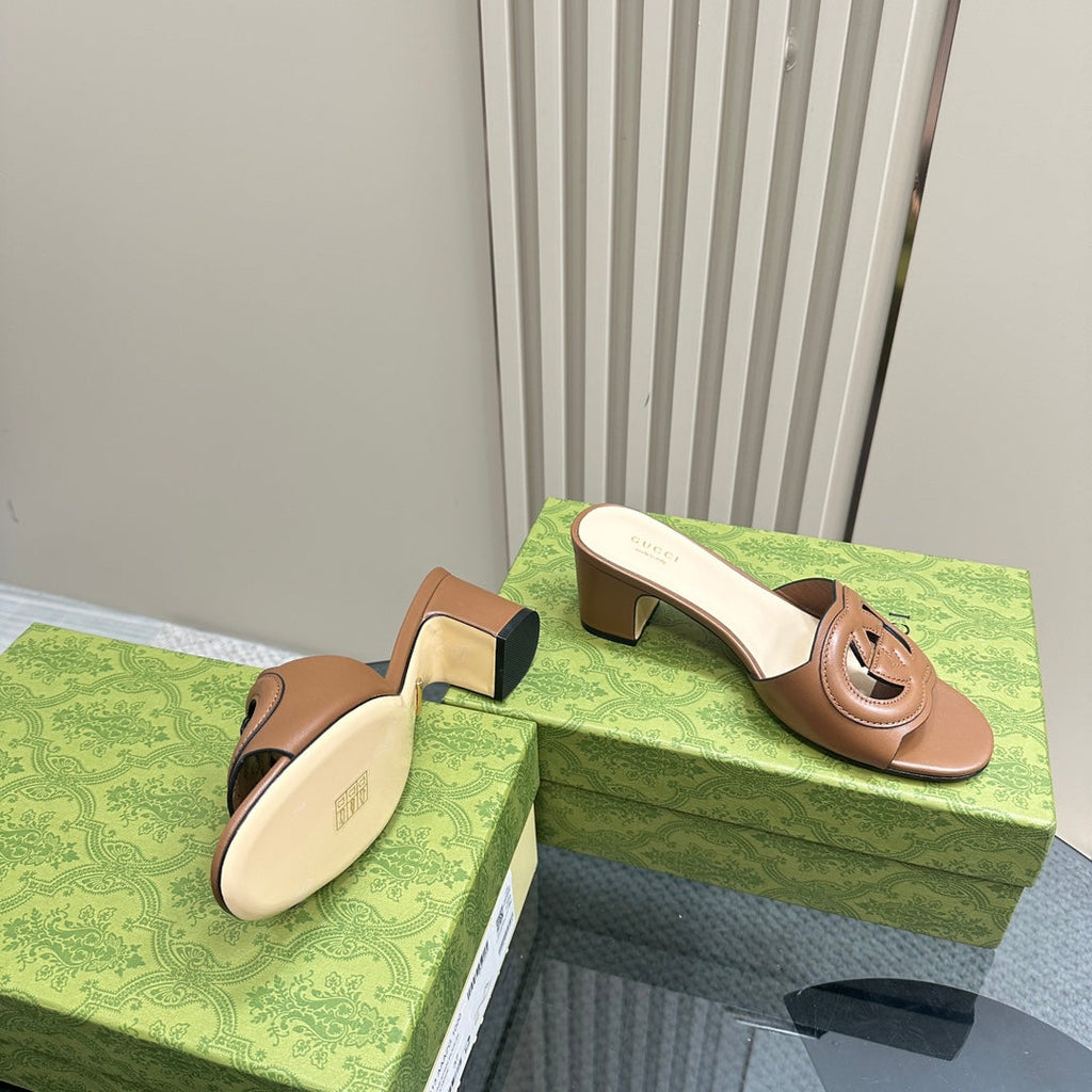 GUCCI MID-HEEL 5 CM MULE IN BRONZE BROWN CALFSKIN