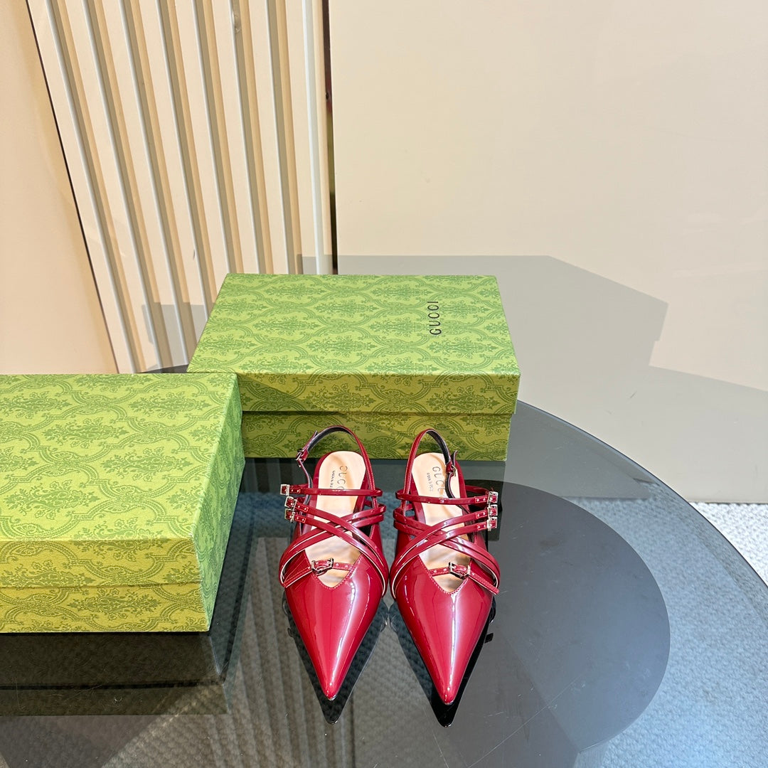 GUCCI SLINGBACK CROSS STRAP IN CRIMSON RED CALFSKIN