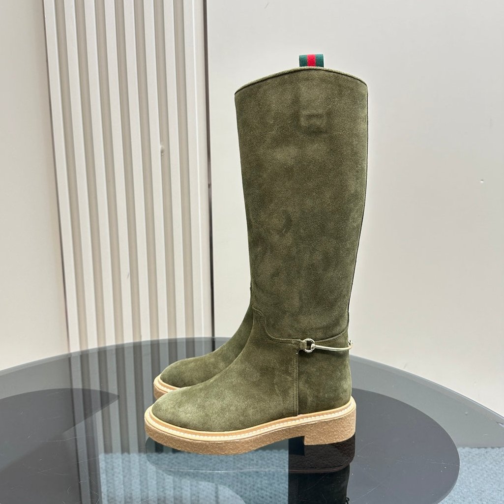 GUCCI SLIM HORSEBIT KNEE BOOTS WITH WEB IN KHAKI GREEN SUEDE