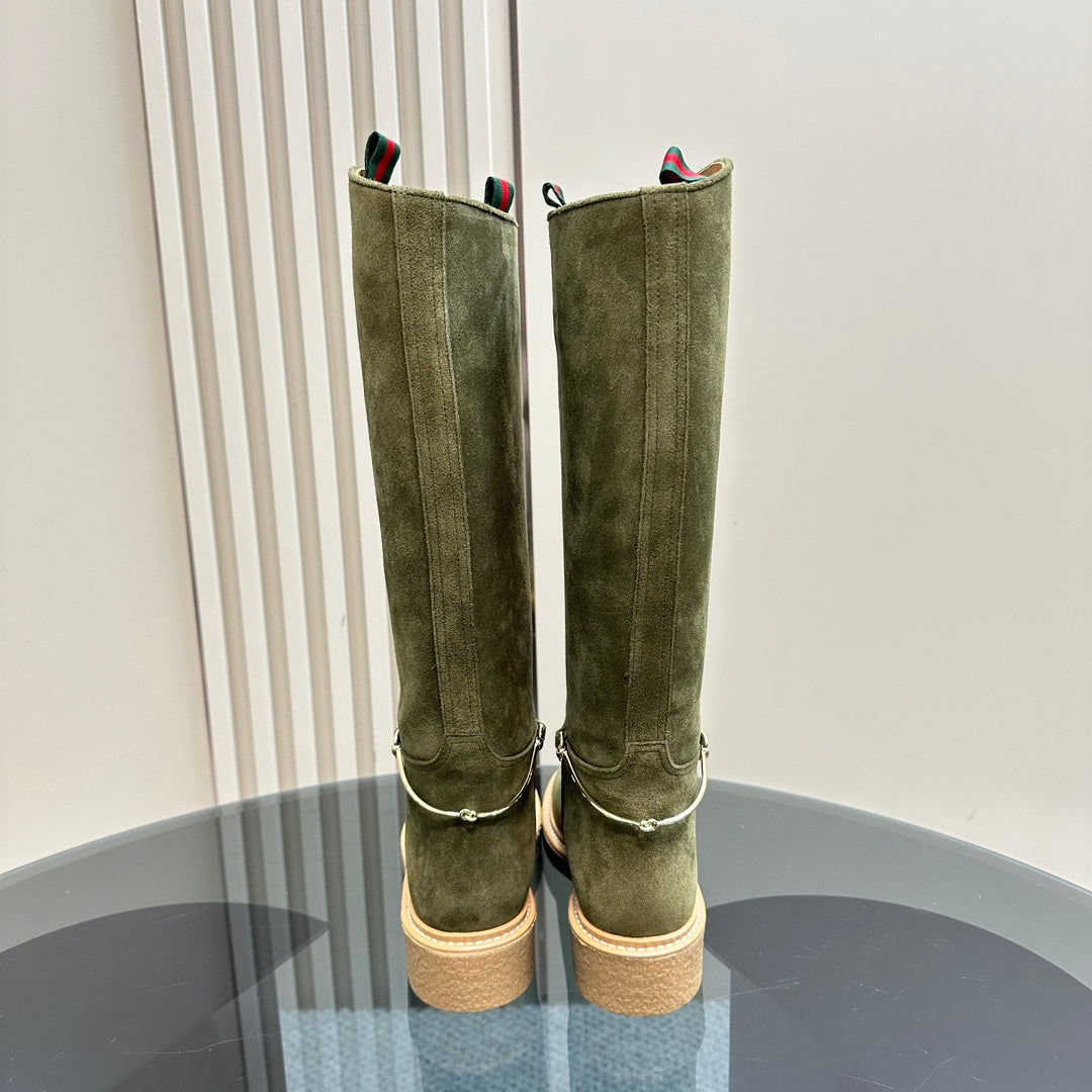 GUCCI SLIM HORSEBIT KNEE BOOTS WITH WEB IN KHAKI GREEN SUEDE