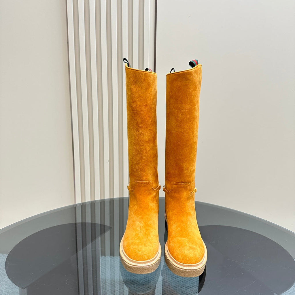 GUCCI SLIM HORSEBIT KNEE BOOTS WITH WEB IN HONEY ORANGE SUEDE