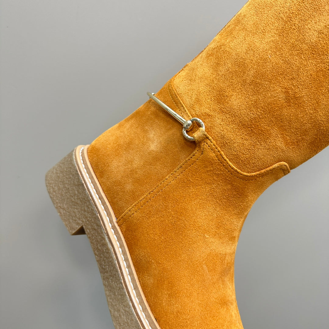GUCCI SLIM HORSEBIT KNEE BOOTS WITH WEB IN HONEY ORANGE SUEDE