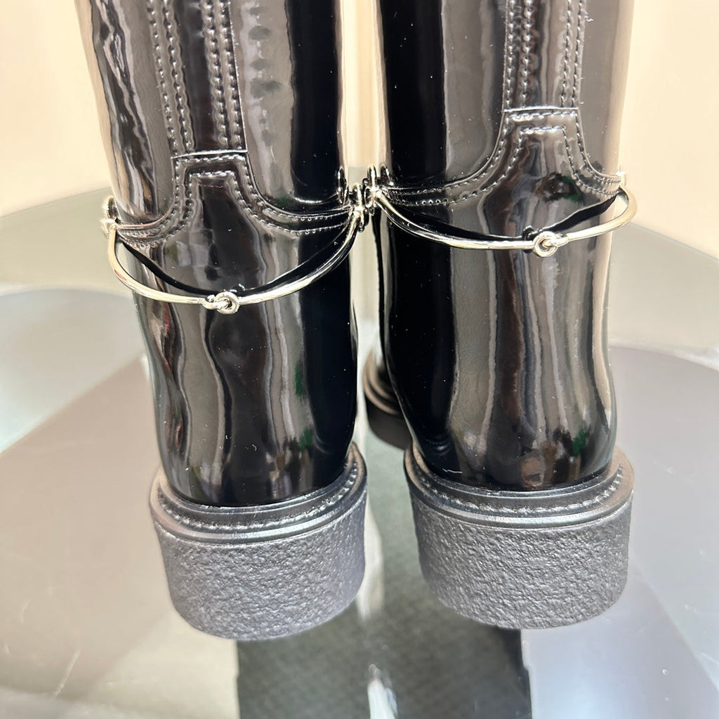 GUCCI SLIM HORSEBIT KNEE BOOTS WITH WEB IN BLACK GLOSSY CALFSKIN