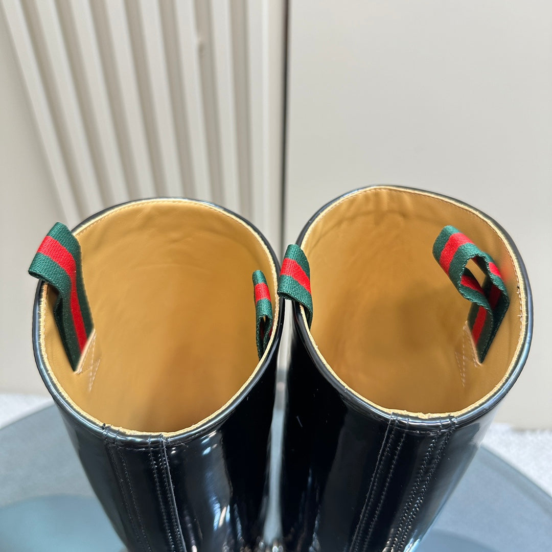 GUCCI SLIM HORSEBIT KNEE BOOTS WITH WEB IN BLACK GLOSSY CALFSKIN