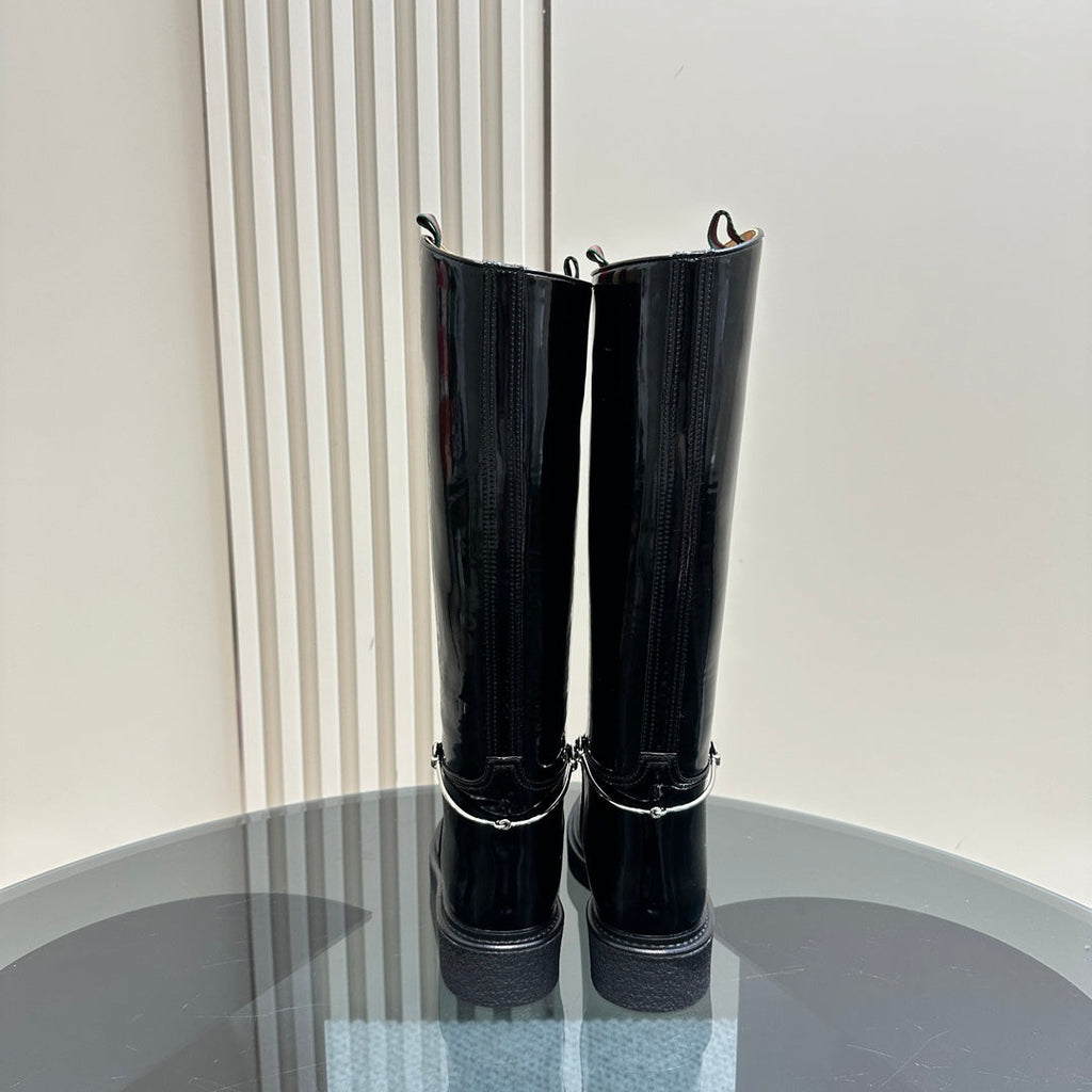 GUCCI SLIM HORSEBIT KNEE BOOTS WITH WEB IN BLACK GLOSSY CALFSKIN