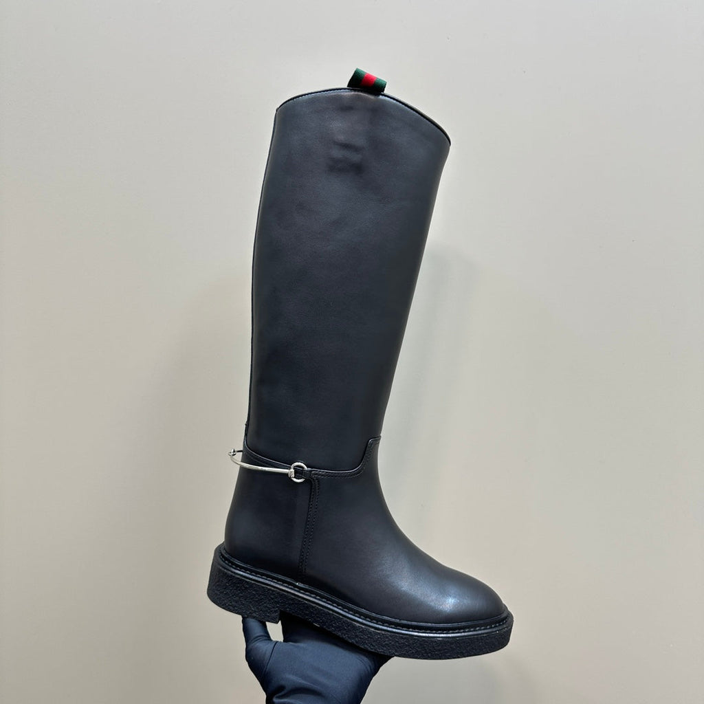 GUCCI SLIM HORSEBIT KNEE BOOTS WITH WEB IN BLACK CALFSKIN