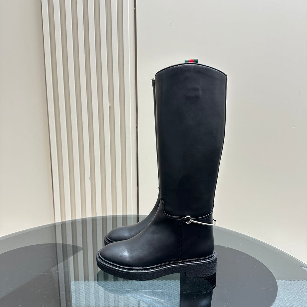 GUCCI SLIM HORSEBIT KNEE BOOTS WITH WEB IN BLACK CALFSKIN