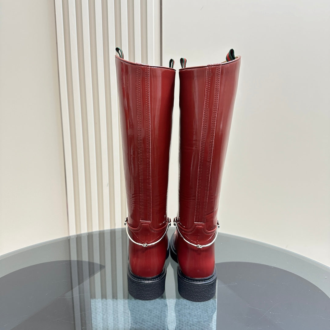 GUCCI SLIM HORSEBIT KNEE BOOTS WITH WEB IN RED GLOSSY CALFSKIN