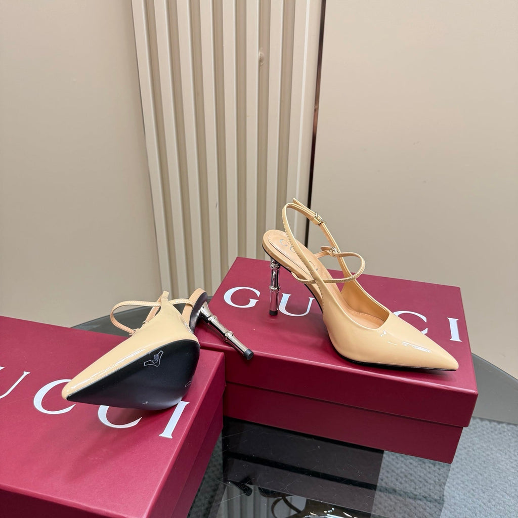 GUCCI POINTED-TOE HIGH BAMBOO-EFFECT HEEL SLINGBACK IN BEIGE PATENT CALFSKIN