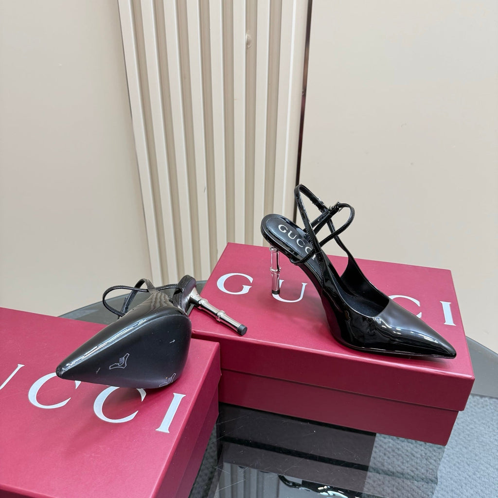 GUCCI POINTED-TOE HIGH BAMBOO-EFFECT HEEL SLINGBACK IN BLACK PATENT CALFSKIN