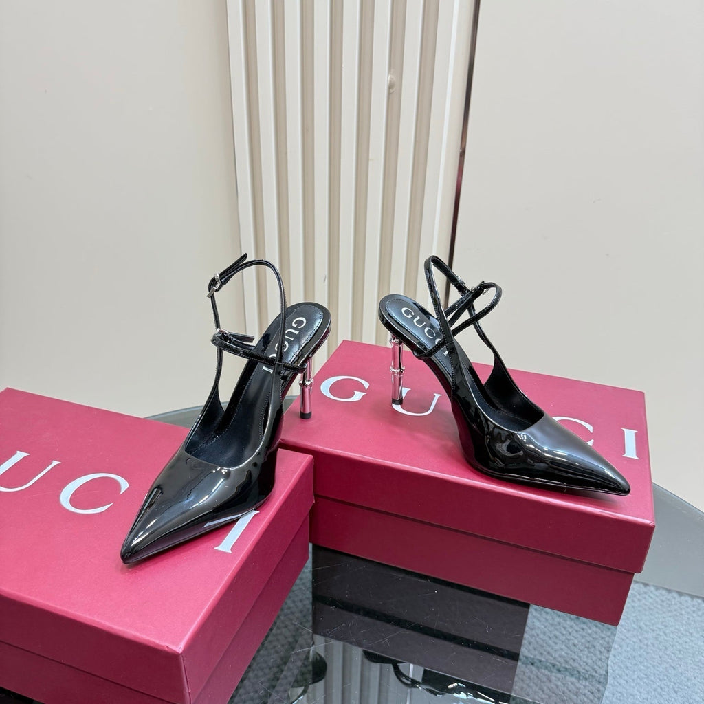 GUCCI POINTED-TOE HIGH BAMBOO-EFFECT HEEL SLINGBACK IN BLACK PATENT CALFSKIN