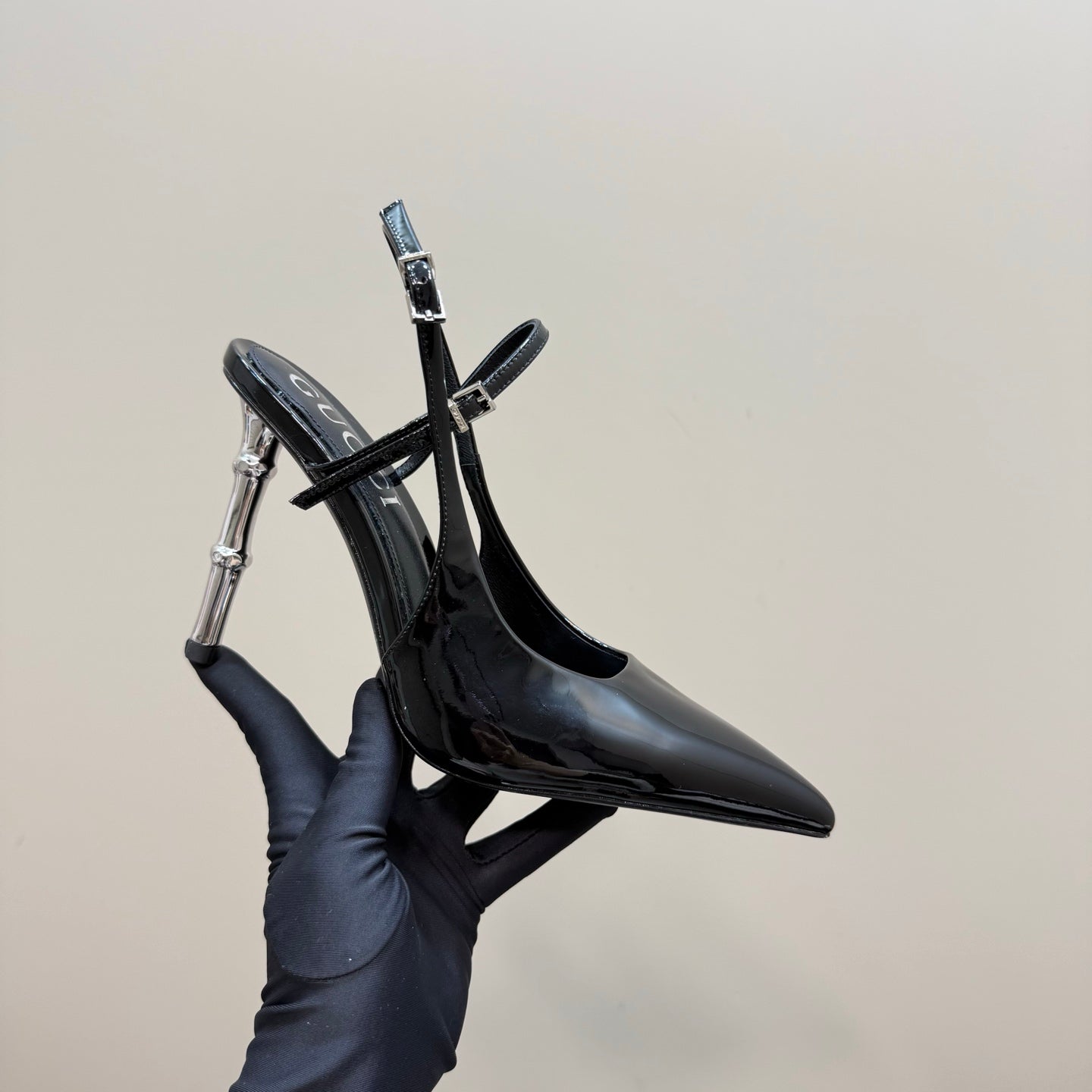 GUCCI POINTED-TOE HIGH BAMBOO-EFFECT HEEL SLINGBACK IN BLACK PATENT CALFSKIN