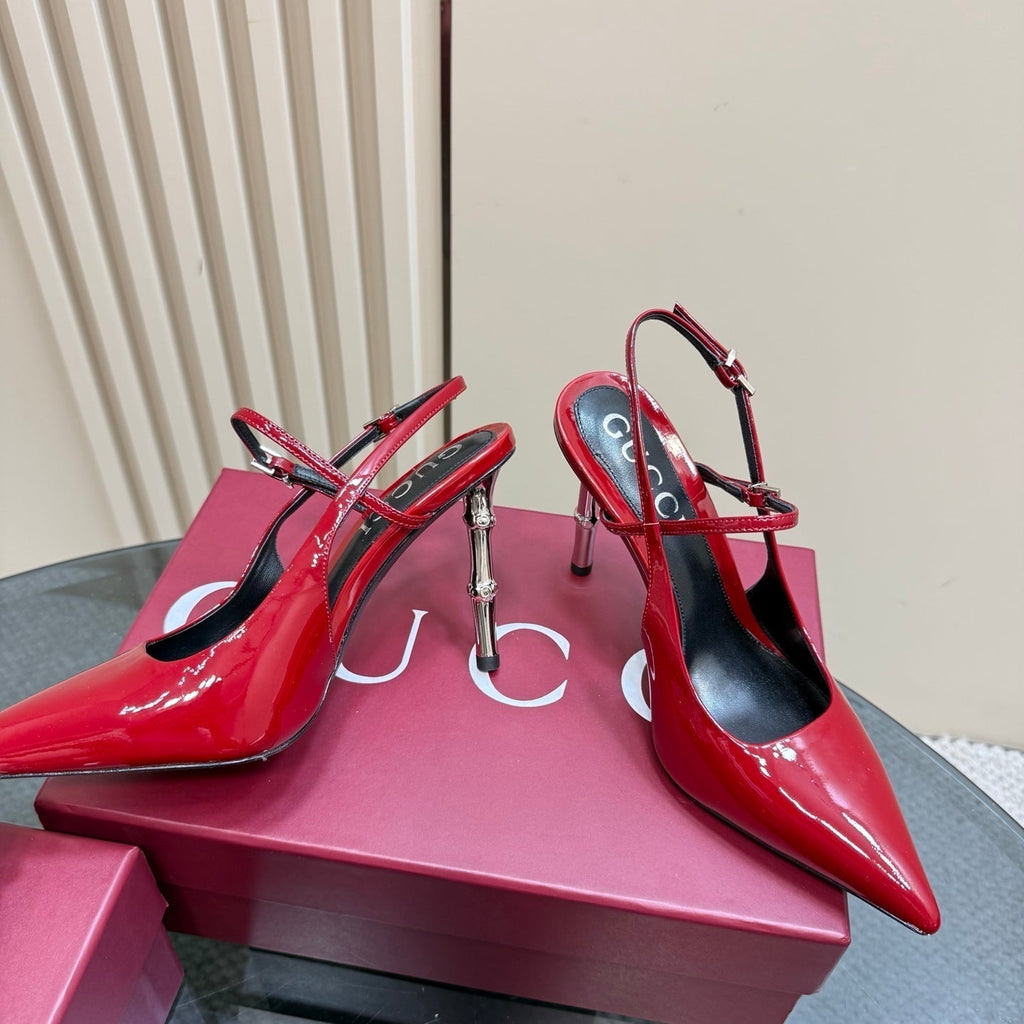 GUCCI POINTED-TOE HIGH BAMBOO-EFFECT HEEL SLINGBACK IN RED PATENT CALFSKIN
