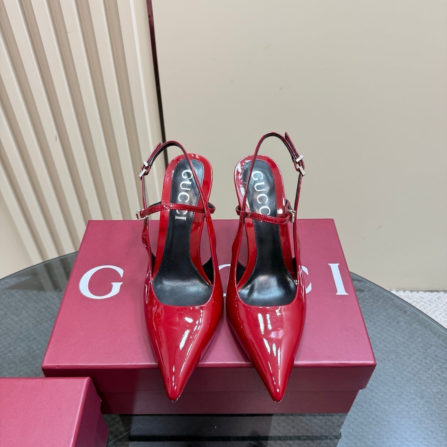 GUCCI POINTED-TOE HIGH BAMBOO-EFFECT HEEL SLINGBACK IN RED PATENT CALFSKIN