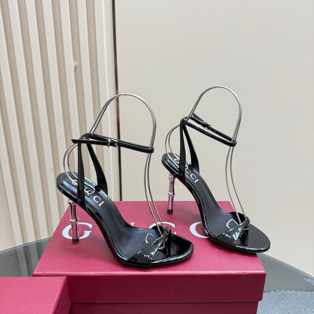 GUCCI STRAP HIGH BAMBOO-EFFECT HEEL SANDAL IN BLACK PATENT CALFSKIN