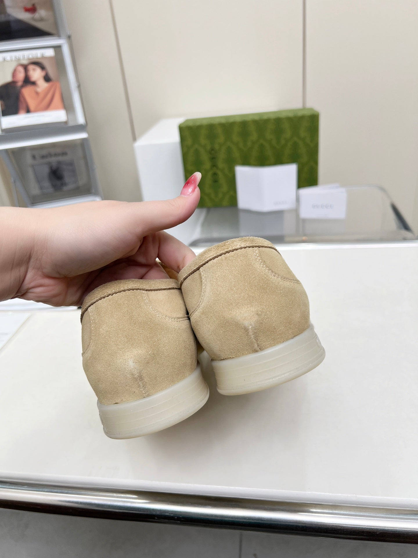 GUCCI LOAFERS WITH SILVER HARDWARE IN BEIGE SUEDE
