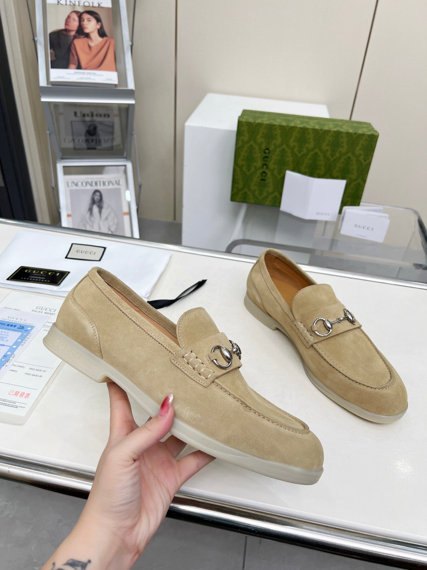 GUCCI LOAFERS WITH SILVER HARDWARE IN BEIGE SUEDE