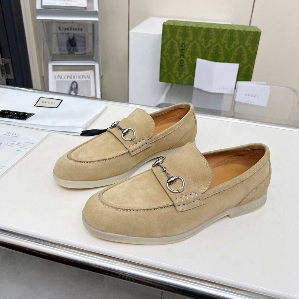 GUCCI LOAFERS WITH SILVER HARDWARE IN BEIGE SUEDE