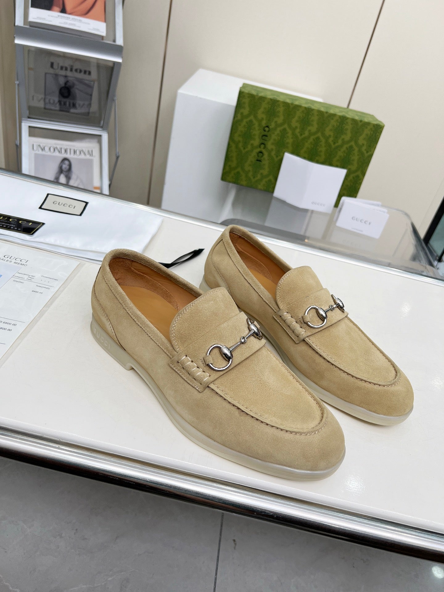 GUCCI LOAFERS WITH SILVER HARDWARE IN BEIGE SUEDE