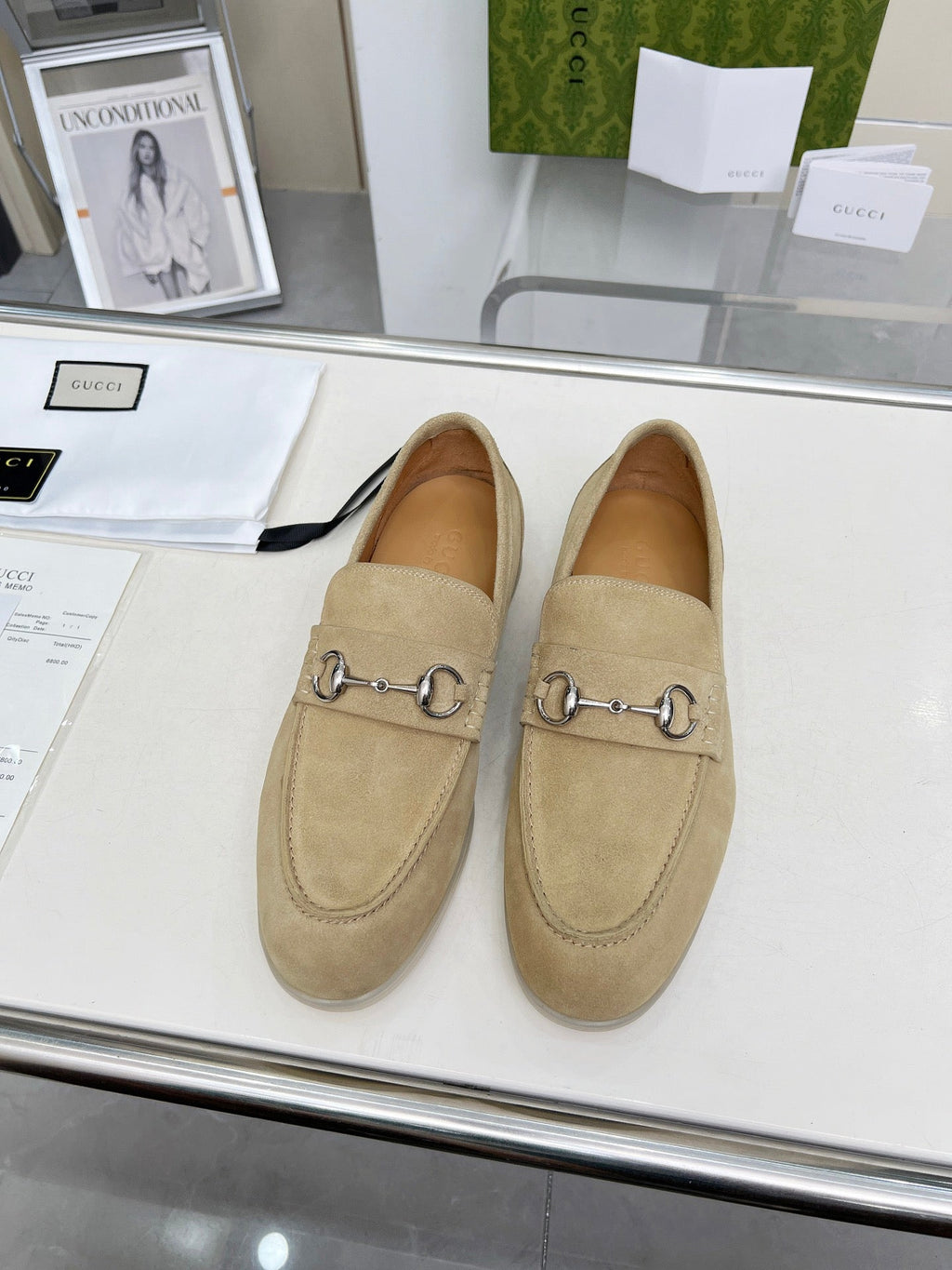 GUCCI LOAFERS WITH SILVER HARDWARE IN BEIGE SUEDE
