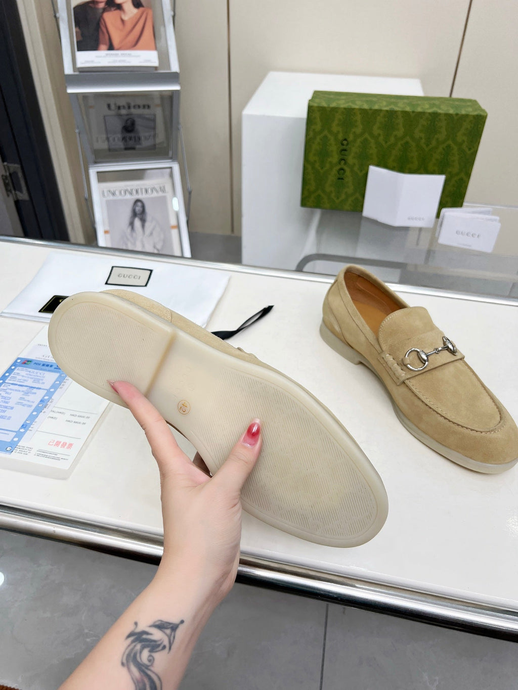 GUCCI LOAFERS WITH SILVER HARDWARE IN BEIGE SUEDE