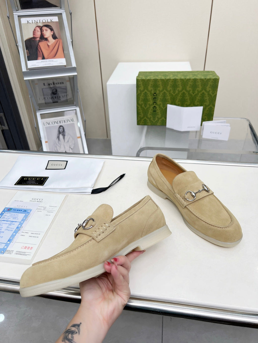 GUCCI LOAFERS WITH SILVER HARDWARE IN BEIGE SUEDE