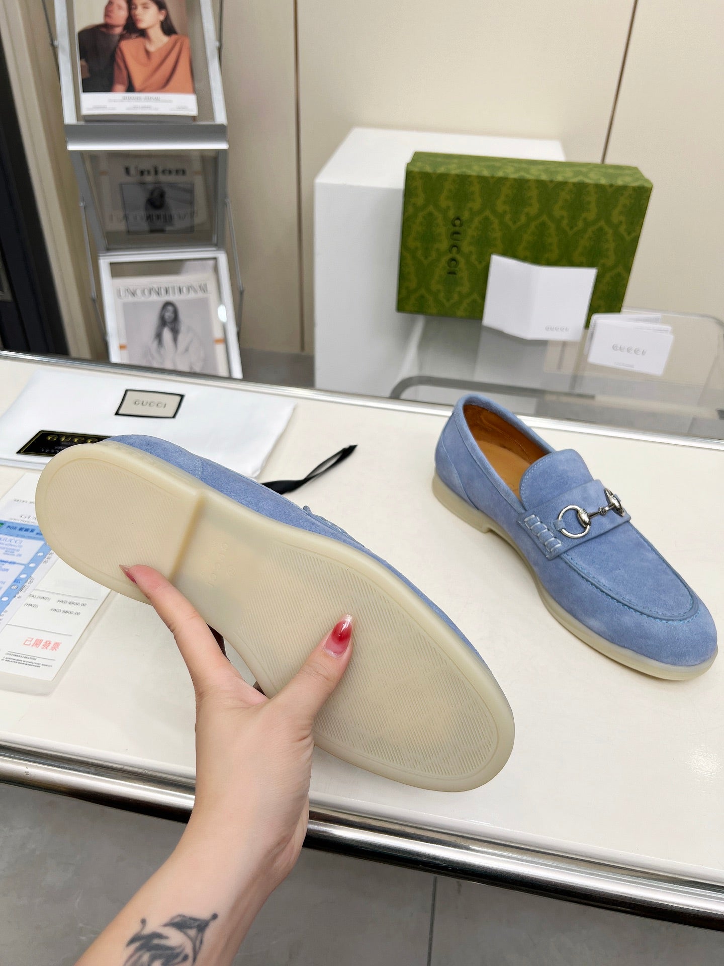GUCCI LOAFERS WITH SILVER HARDWARE IN CORNFLOWER BLUE SUEDE