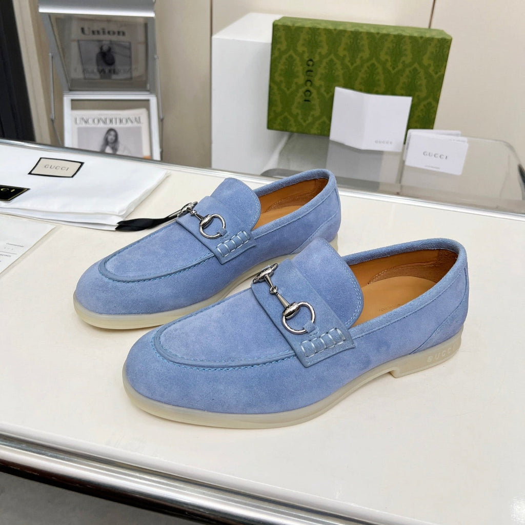 GUCCI LOAFERS WITH SILVER HARDWARE IN CORNFLOWER BLUE SUEDE